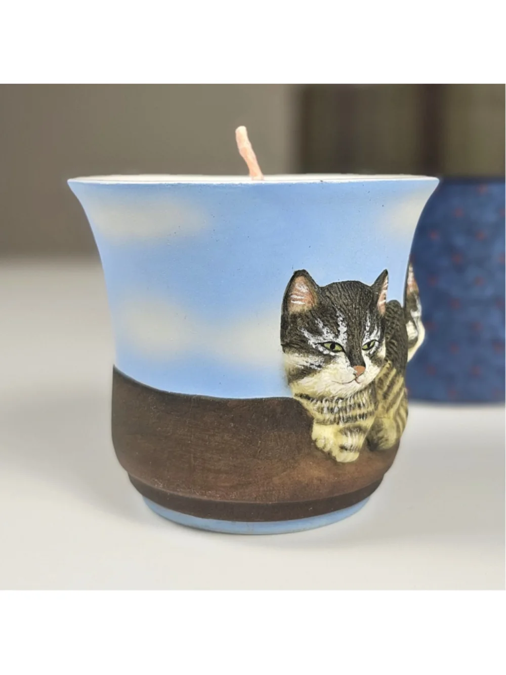 Vintage Lang Cat Votive Candle Holder w/ Box & Pink Candle Three Tabby Cats